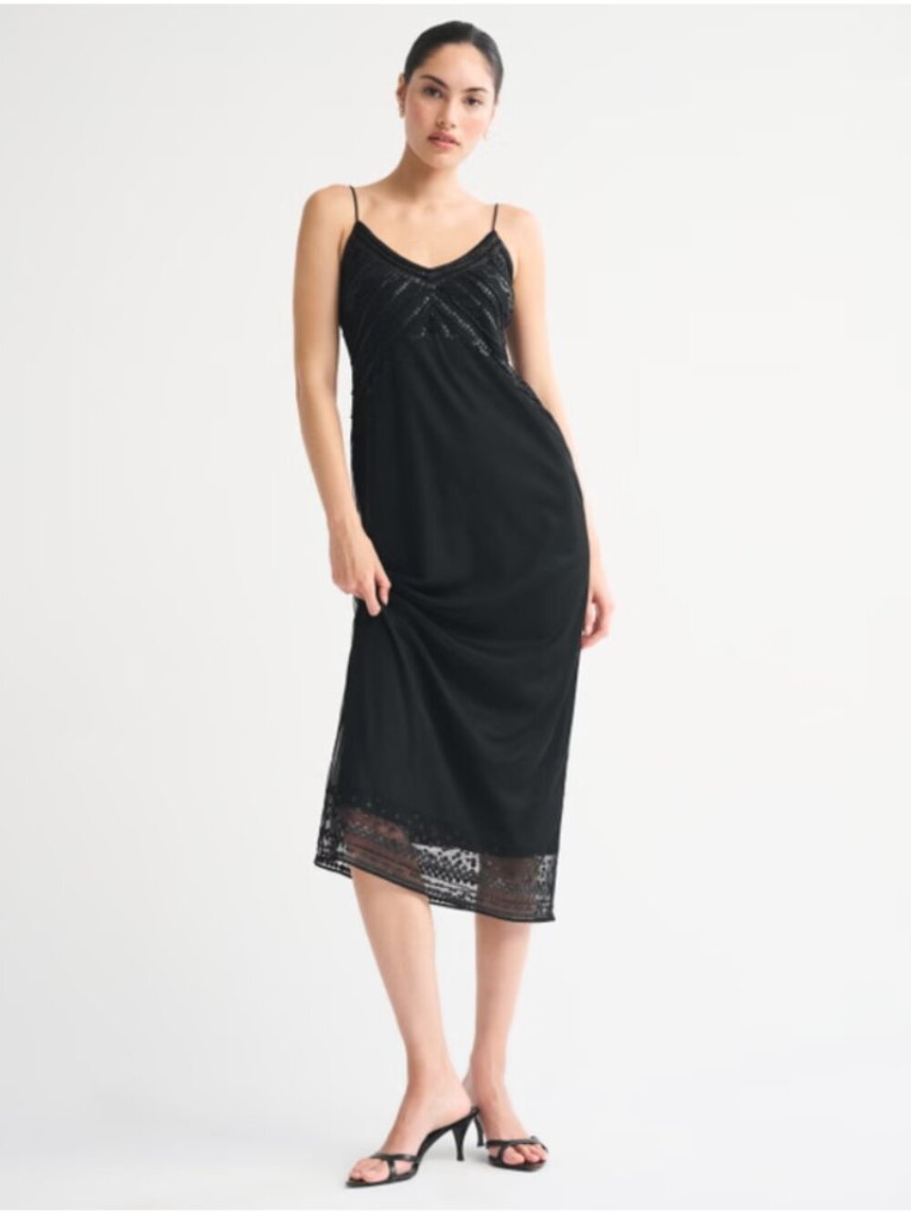 NWT Abercrombie & Fitch Tie-Back Beaded Slip Midi Dress Black L